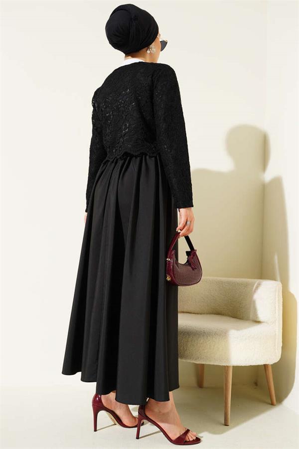 Lace Bow Tie Skirted 2 Piece Set Black