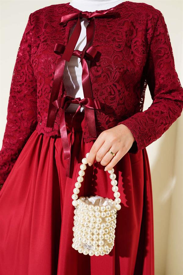 Lace Bow Tie Skirted 2 Piece Set Burgundy