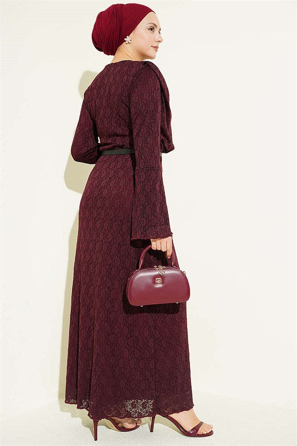 Burgundy Dress with Lace Belt