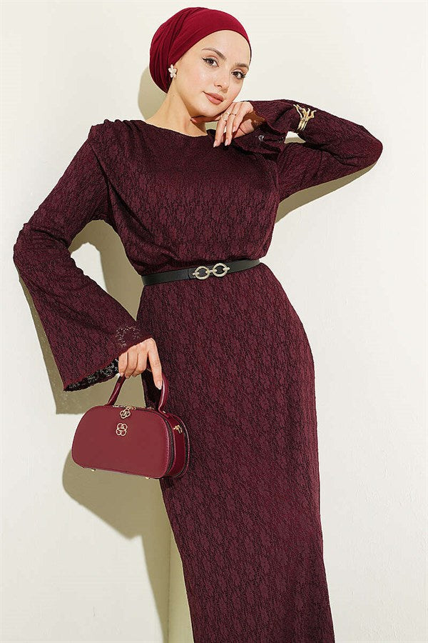 Burgundy Dress with Lace Belt