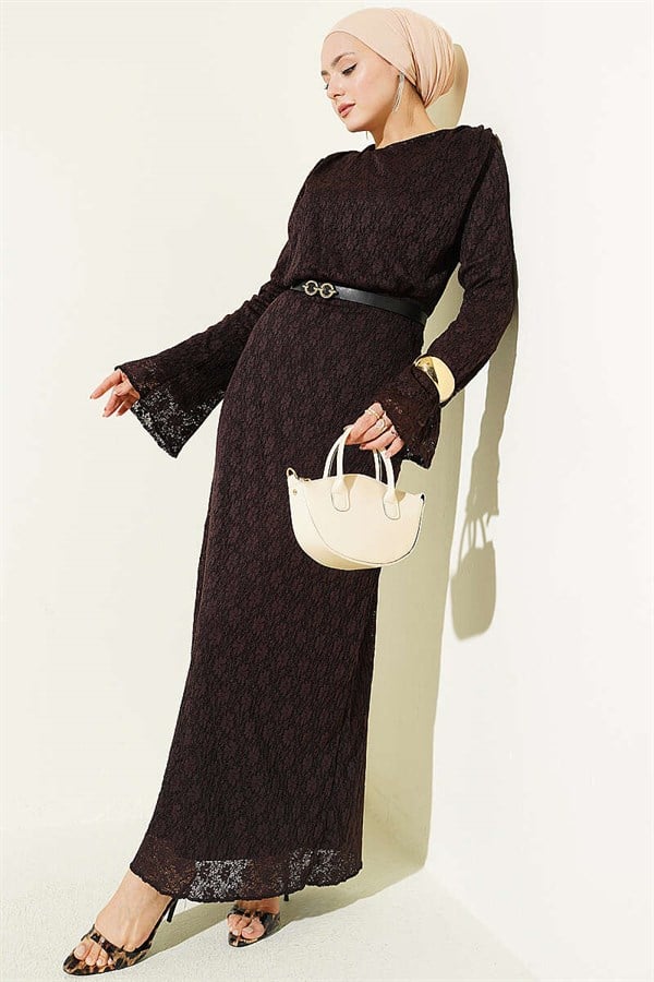 Lace Belted Dress Coffee