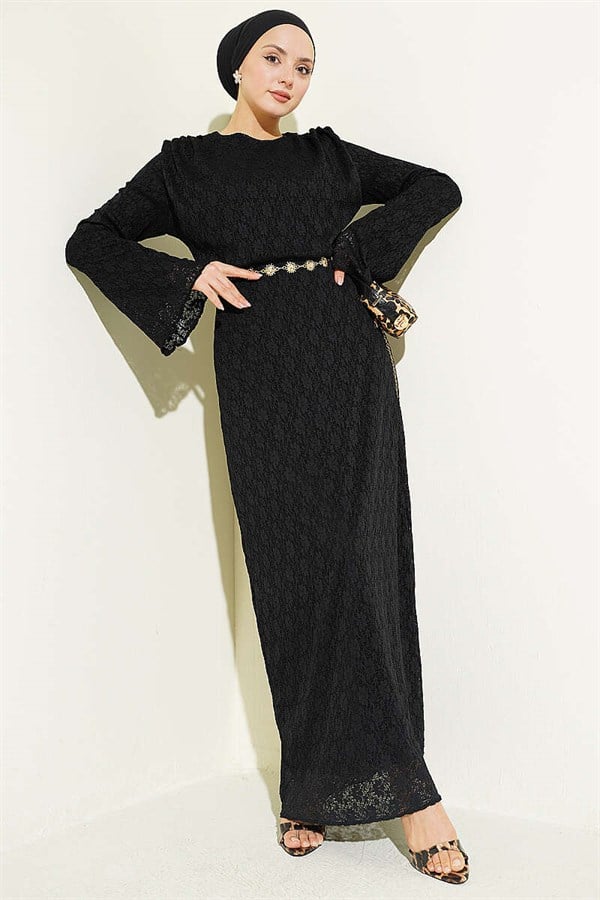 Lace Belted Dress Black