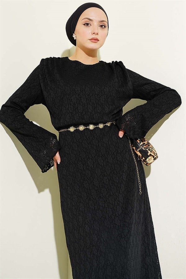 Lace Belted Dress Black