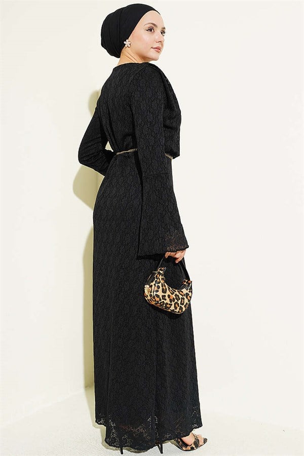 Lace Belted Dress Black