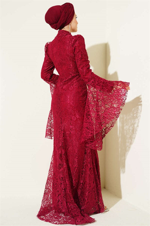 Burgundy Lace Sleeve Ruffled Mermaid Style Evening Dress