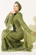 Lace Sleeve Ruffled Mermaid Style Evening Dress Khaki