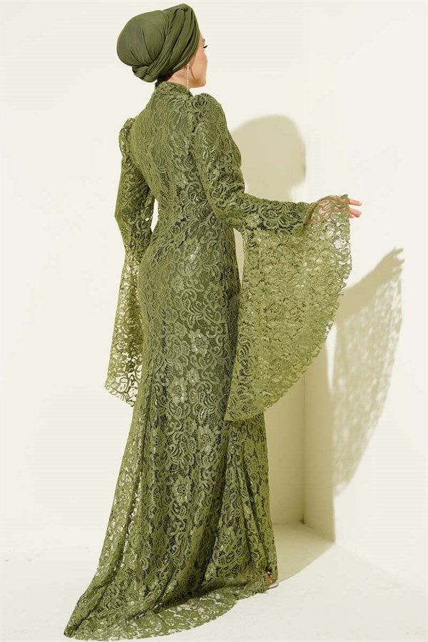 Lace Sleeve Ruffled Mermaid Style Evening Dress Khaki