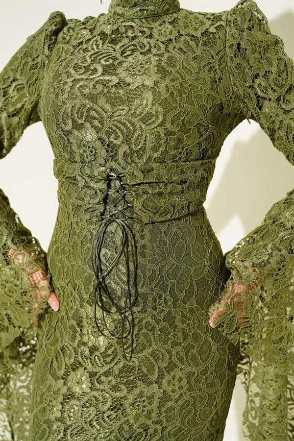 Lace Sleeve Ruffled Mermaid Style Evening Dress Khaki