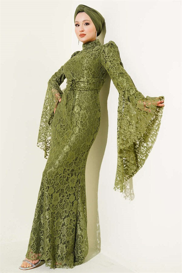 Lace Sleeve Ruffled Mermaid Style Evening Dress Khaki
