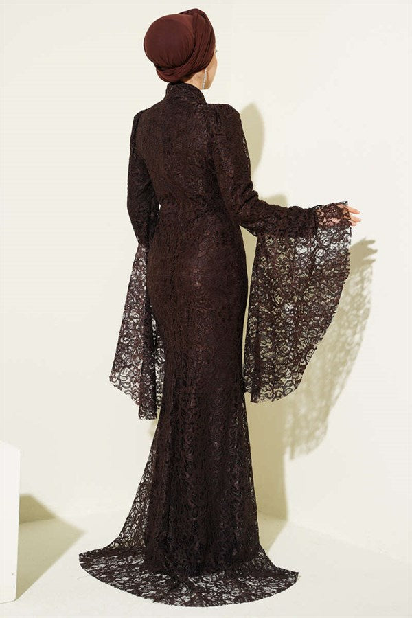 Lace Sleeve Ruffled Mermaid Style Evening Dress in Brown