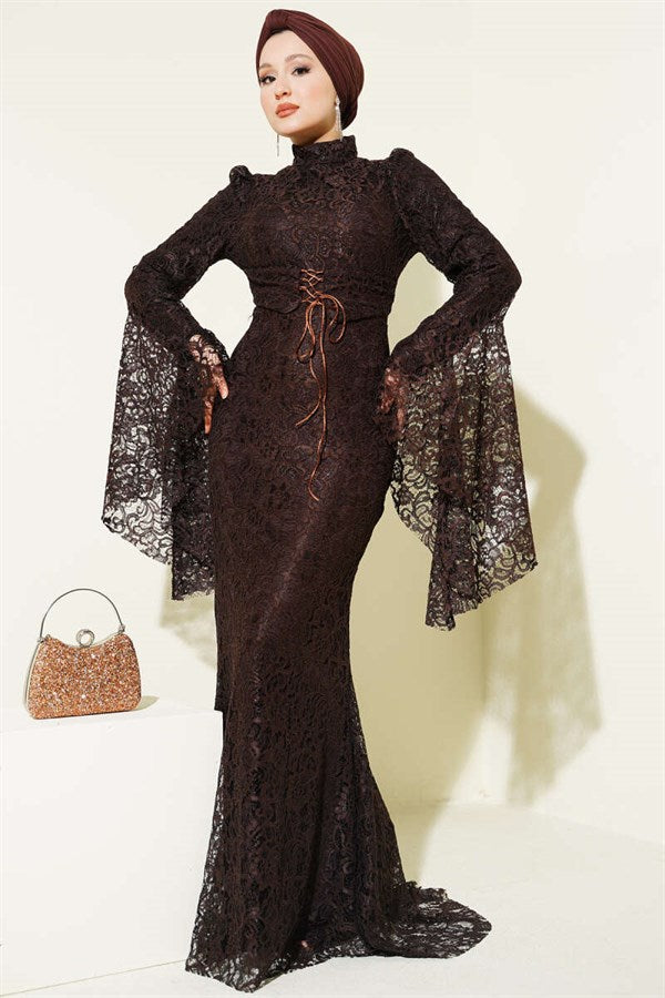 Lace Sleeve Ruffled Mermaid Style Evening Dress in Brown