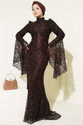 Lace Sleeve Ruffled Mermaid Style Evening Dress in Brown