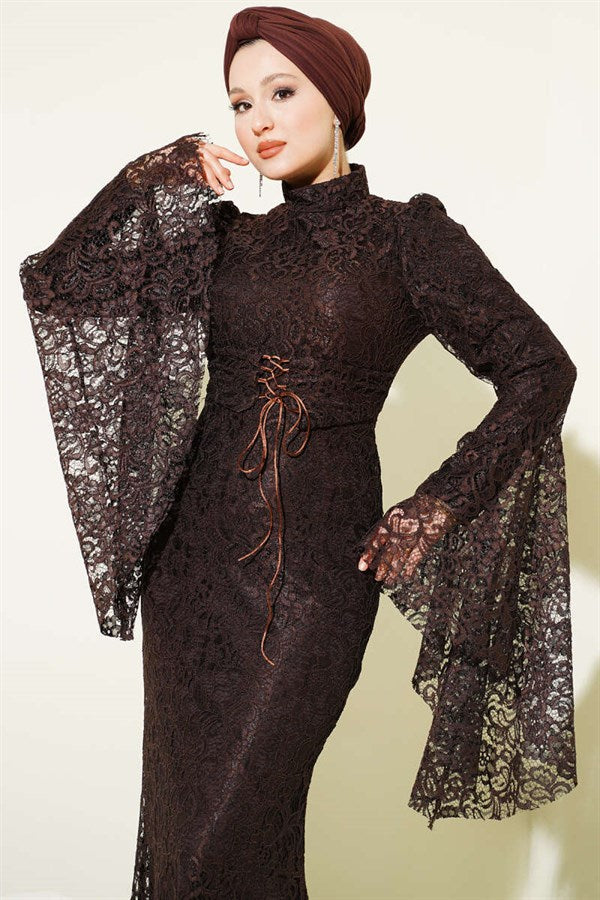 Lace Sleeve Ruffled Mermaid Style Evening Dress in Brown