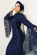 Navy Blue Mermaid Style Evening Dress with Lace Sleeves and Ruffles