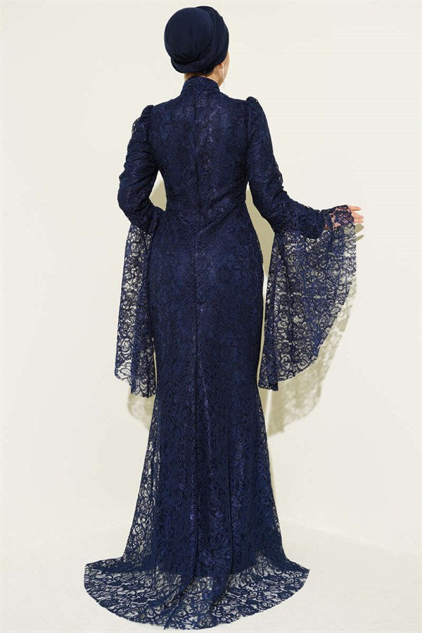 Navy Blue Mermaid Style Evening Dress with Lace Sleeves and Ruffles