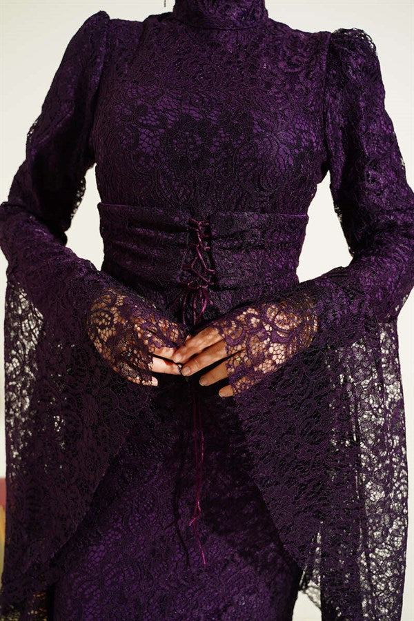 Lace Sleeve Ruffled Mermaid Style Evening Dress in Plum