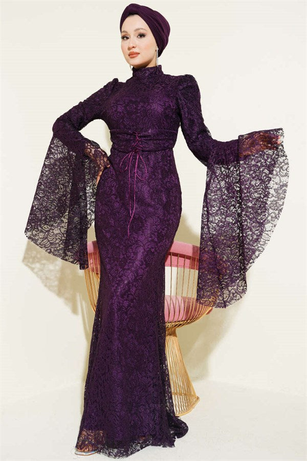 Lace Sleeve Ruffled Mermaid Style Evening Dress in Plum