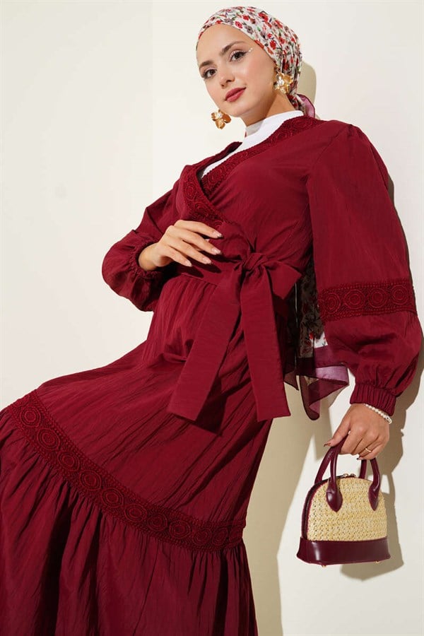 2 Piece Set with Lace Trim and Front Tie, Burgundy