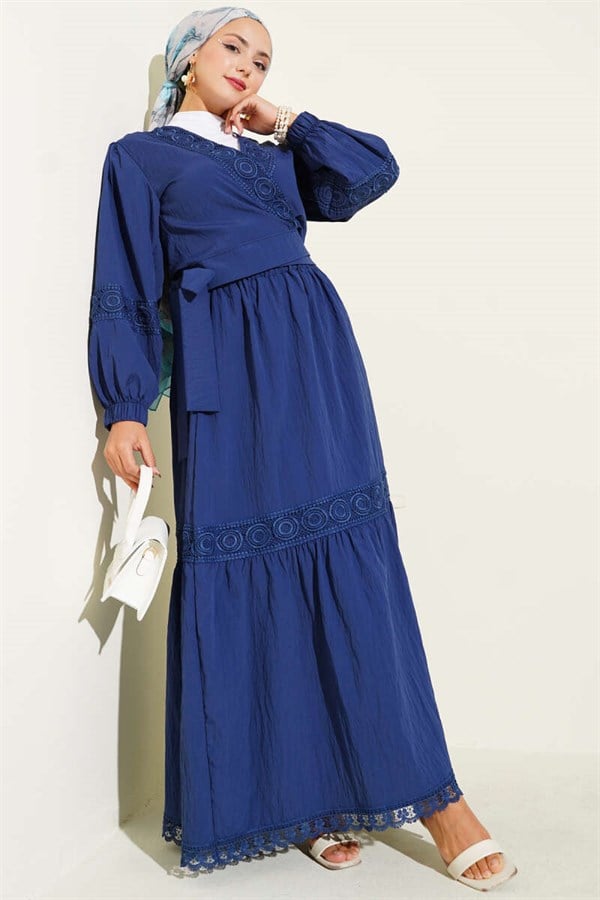 Navy Blue 2 Piece Set with Lace Trim and Front Tie