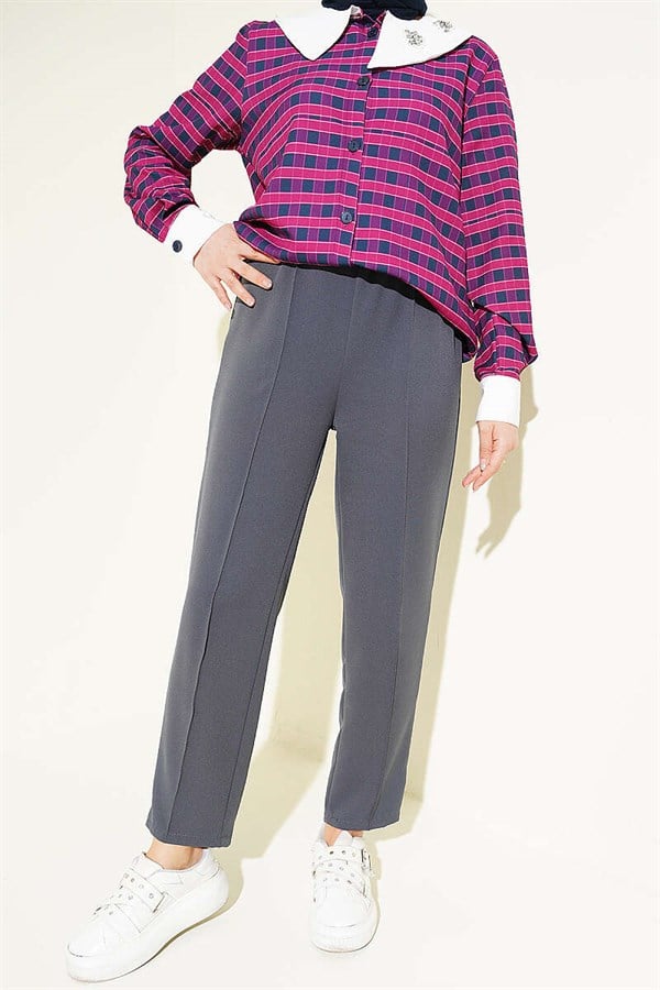 Slim-fit, elasticated waistband trousers, charcoal gray.
