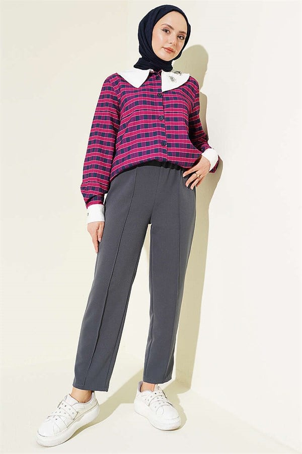 Slim-fit, elasticated waistband trousers, charcoal gray.
