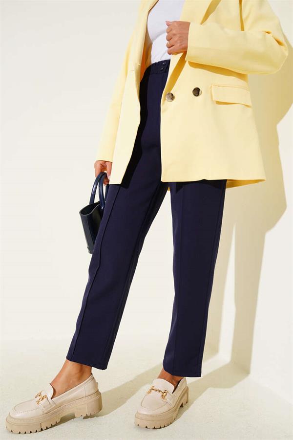 Skinny Leg Elastic Waistband Trousers Navy Blue