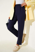 Skinny Leg Elastic Waistband Trousers Navy Blue