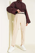 Slim-fit, darted, belted fabric trousers, beige.