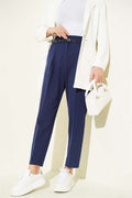 Narrow-leg fabric trousers with darts and belt, navy blue.