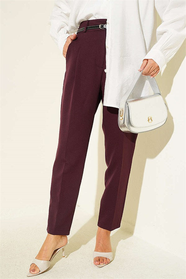 Slim-fit, darted, belted fabric trousers, plum color.