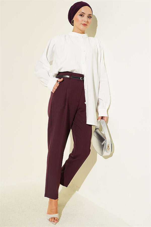 Slim-fit, darted, belted fabric trousers, plum color.