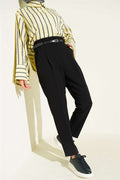 Slim-fit, darted, belted fabric trousers, black.