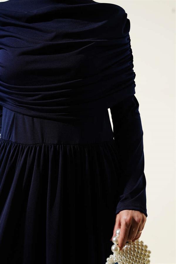 Sandy Dress with Cowl Neck Appearance, Navy Blue