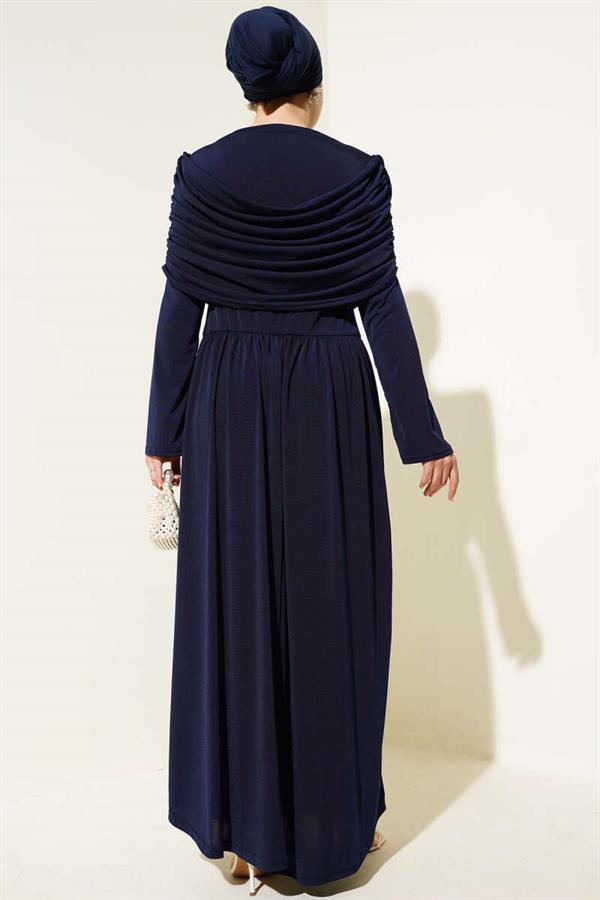 Sandy Dress with Cowl Neck Appearance, Navy Blue