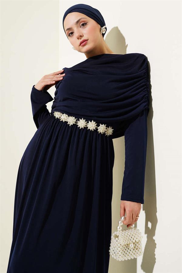 Sandy Dress with Cowl Neck Appearance, Navy Blue
