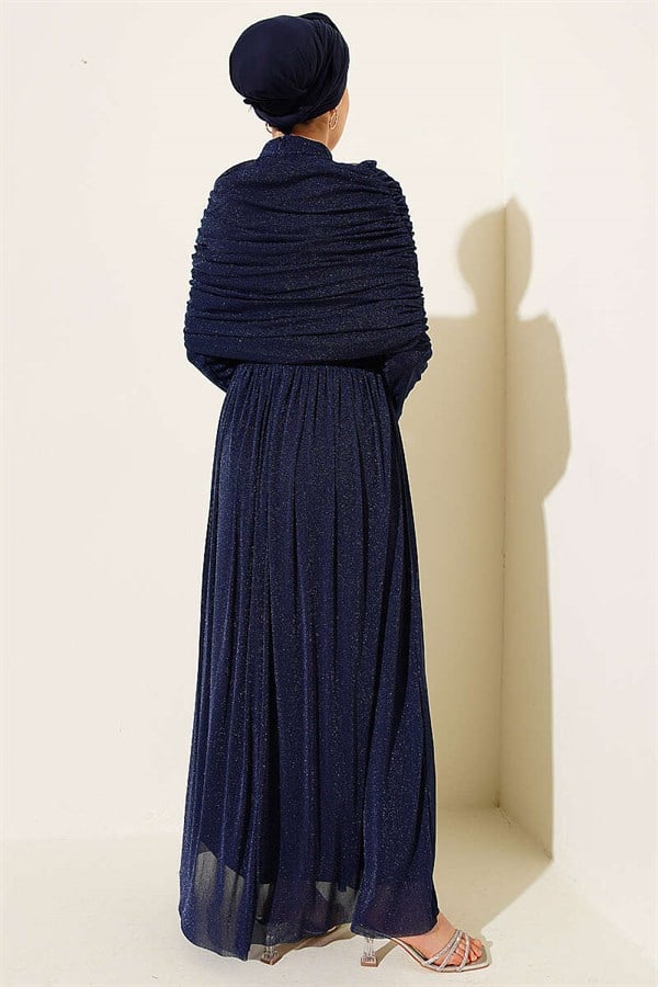 Navy Blue Glittery Evening Dress with a V-Neckline Look