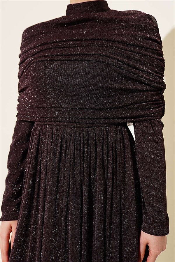 Sparkly Evening Dress with V-Neck Look, Brown