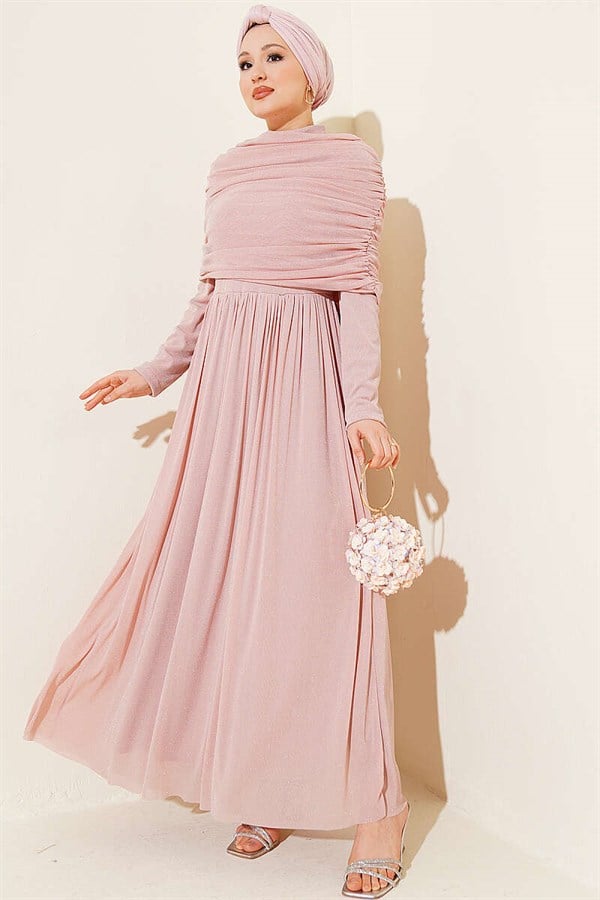 Pink Glittery Evening Dress with V-Neckline Look