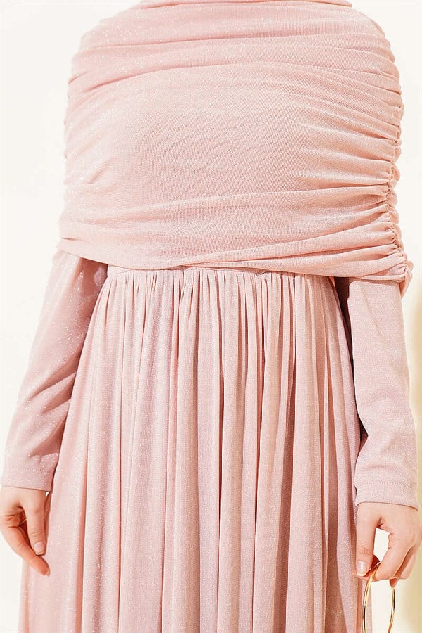Pink Glittery Evening Dress with V-Neckline Look