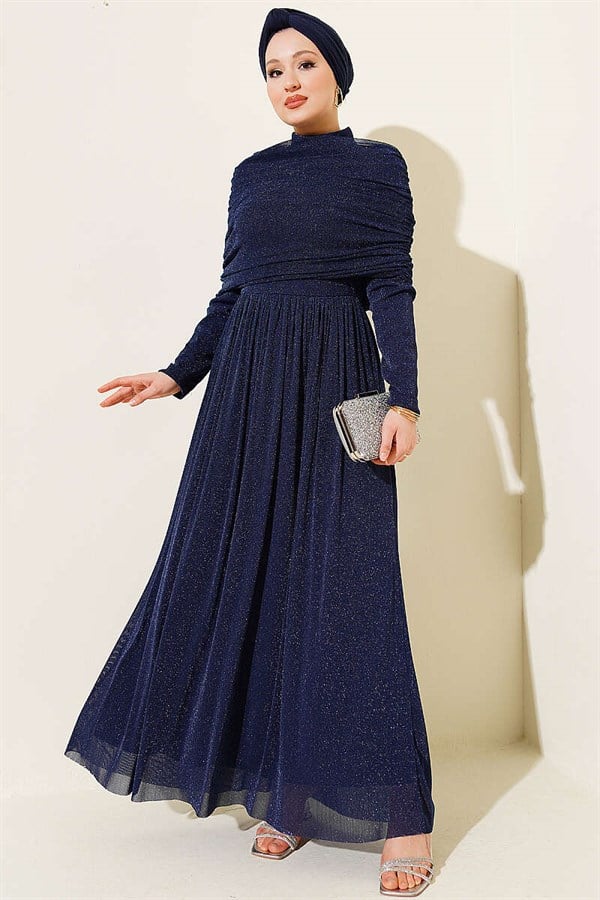 Navy Blue Glittery Evening Dress with a V-Neckline Look