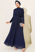 Navy Blue Glittery Evening Dress with a V-Neckline Look