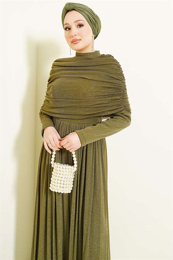 Khaki Glittery Evening Dress with V-Neckline Look