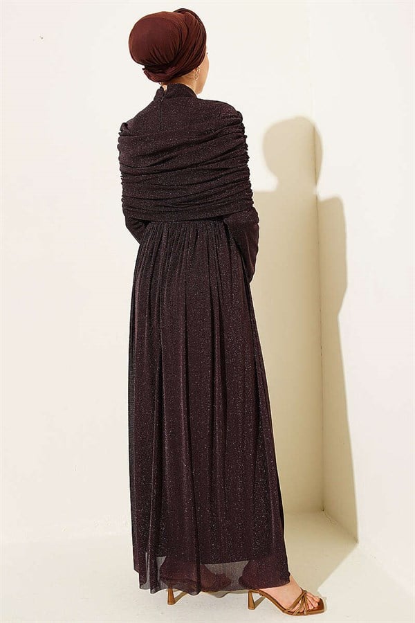 Sparkly Evening Dress with V-Neck Look, Brown