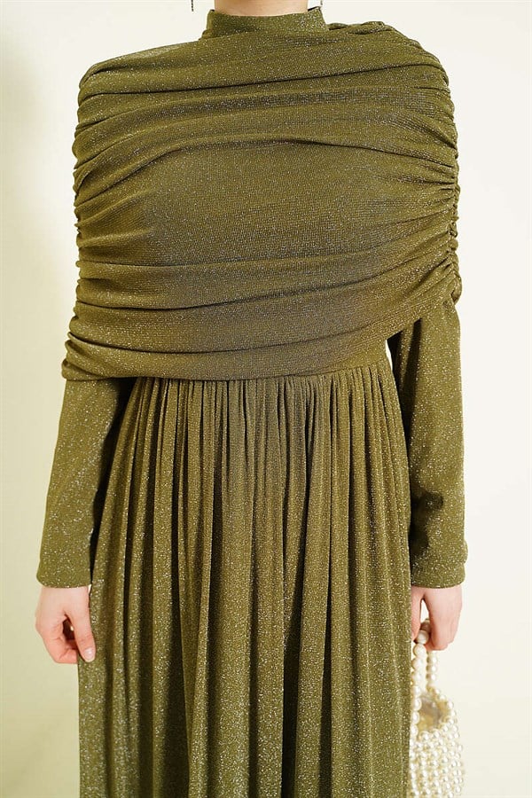 Khaki Glittery Evening Dress with V-Neckline Look