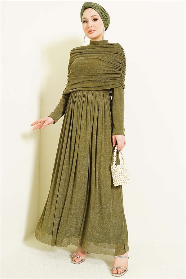 Khaki Glittery Evening Dress with V-Neckline Look