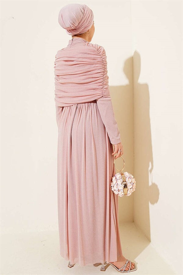 Pink Glittery Evening Dress with V-Neckline Look