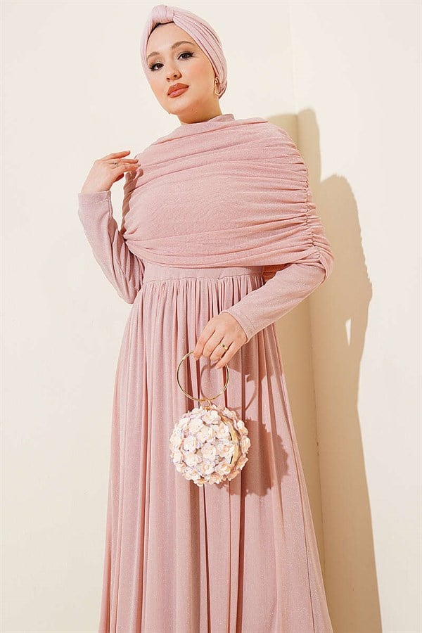 Pink Glittery Evening Dress with V-Neckline Look