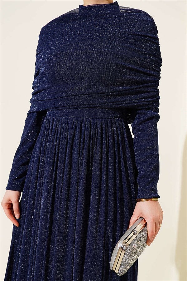 Navy Blue Glittery Evening Dress with a V-Neckline Look