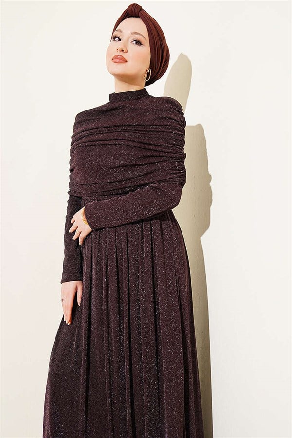 Sparkly Evening Dress with V-Neck Look, Brown