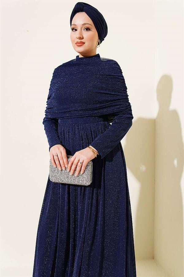 Navy Blue Glittery Evening Dress with a V-Neckline Look